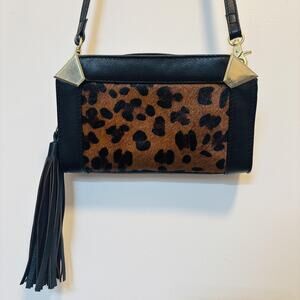 Foley + Corinna Crossbody Bag Womens Leopard Print Leather Tassel Purse Animal